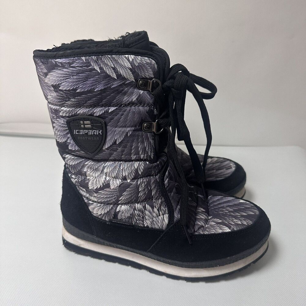 Icepeak Waterproof BootsBlack Lace Up Grip Puffer Faux Fur Snow Moon 8